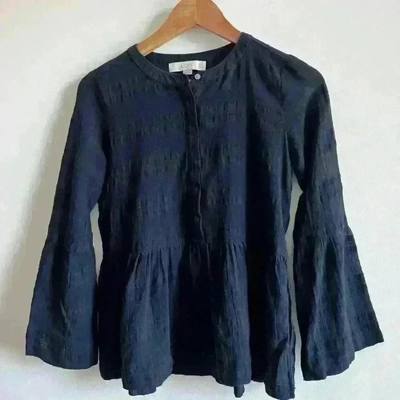 LOFT Baby Doll Navy Blue Boho Bohemian Sheer Bell Sleeves Blouse XXS Petite - Picture 9 of 11